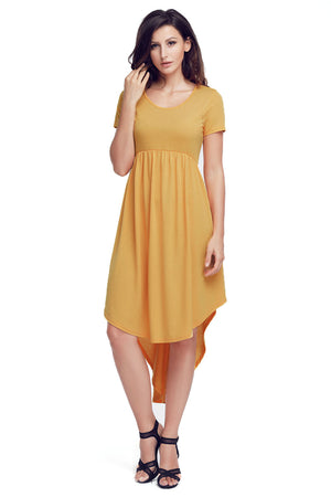 Yellow Short Sleeve High Low Pleated Casual Swing Dress