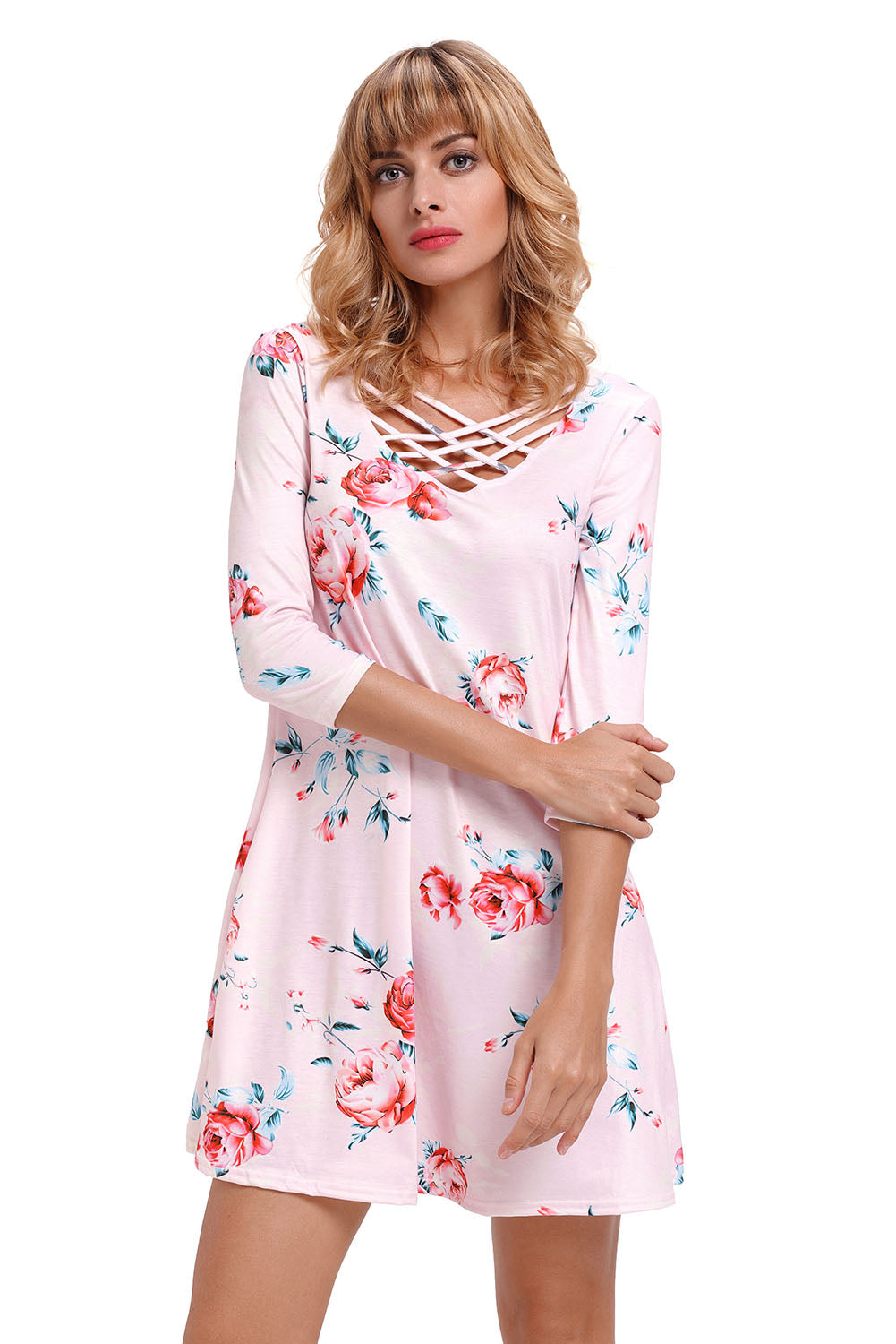 Pink Fence Neck Floral Print T Shirt Dress