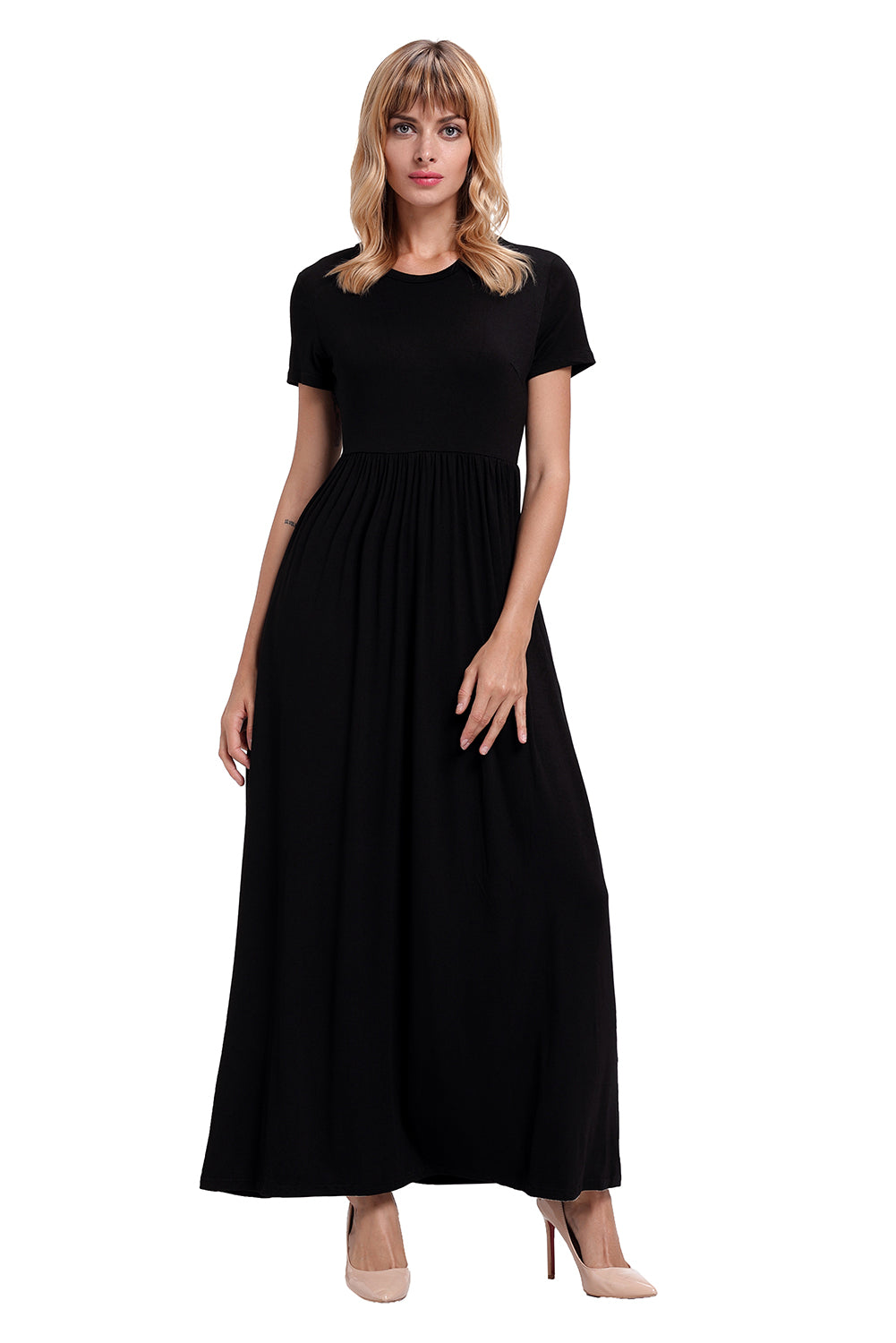 Black Short Sleeve Ruched Waist Maxi Dress