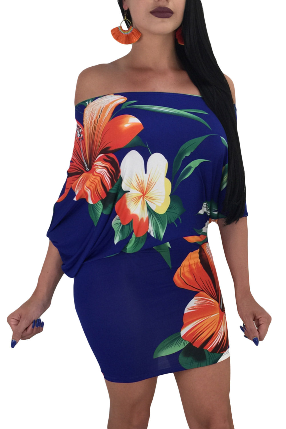 Batwing Sleeve Skew Neck Royal Blue Floral Bodycon Dress