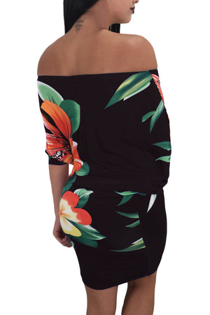 Batwing Sleeve Skew Neck Black Floral Bodycon Dress