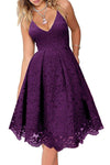 Purple Lace Floral V Neck Backless Cocktail A-Line Dress