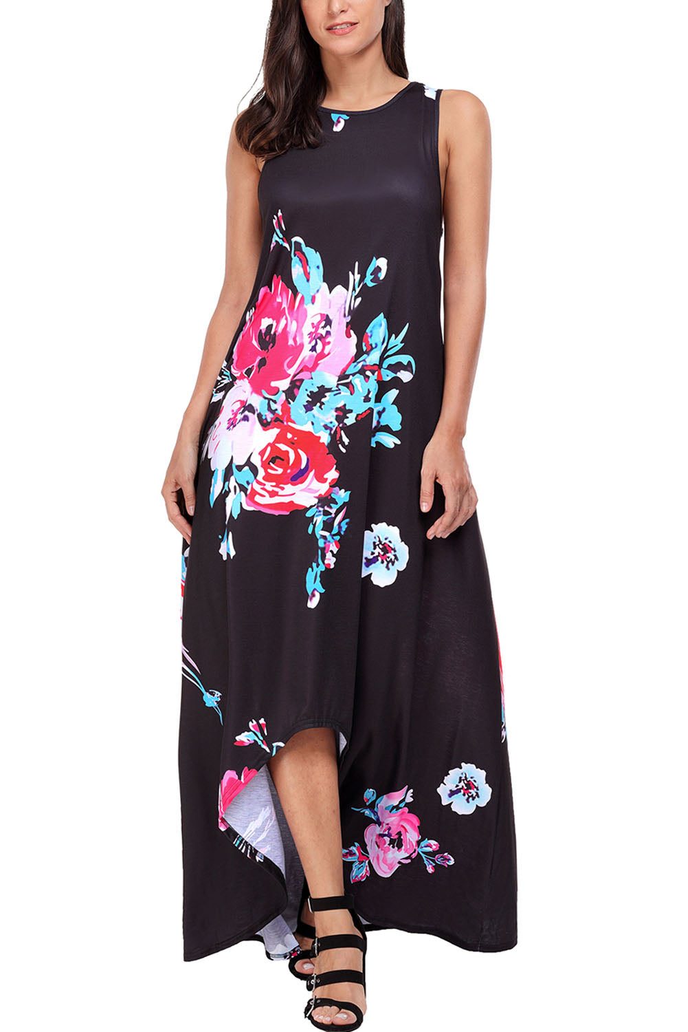 Black Floral Pocketed Holiday Maxi Boho Dress