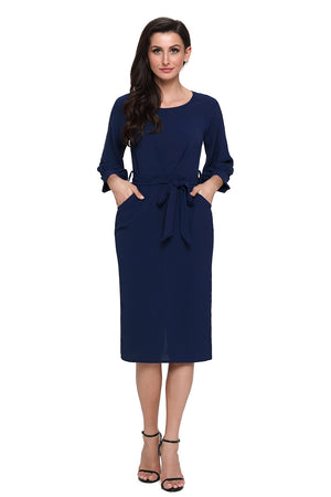 Blue Puff Sleeve Belt Chiffon Pencil Dress
