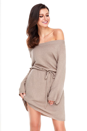 Khaki Off The Shoulder Knit Sweater Dress