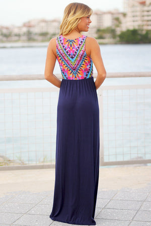 Stylish Tribal Print Sleeveless Navy Maxi Dress