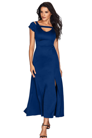 Blue Cold Shoulder Front Slit Flare Maxi Dress