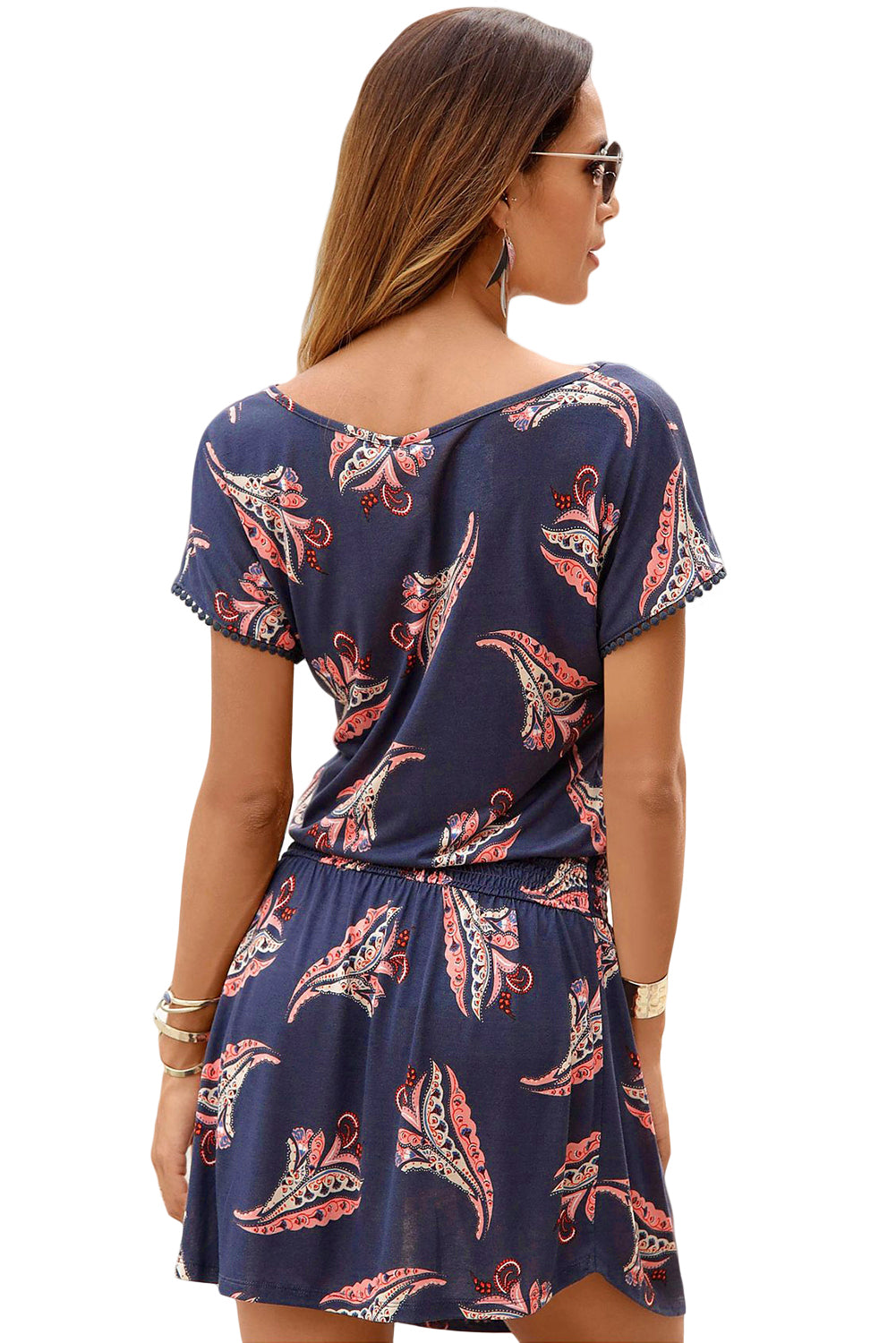 Blue Short Sleeve Paisley Print Dress