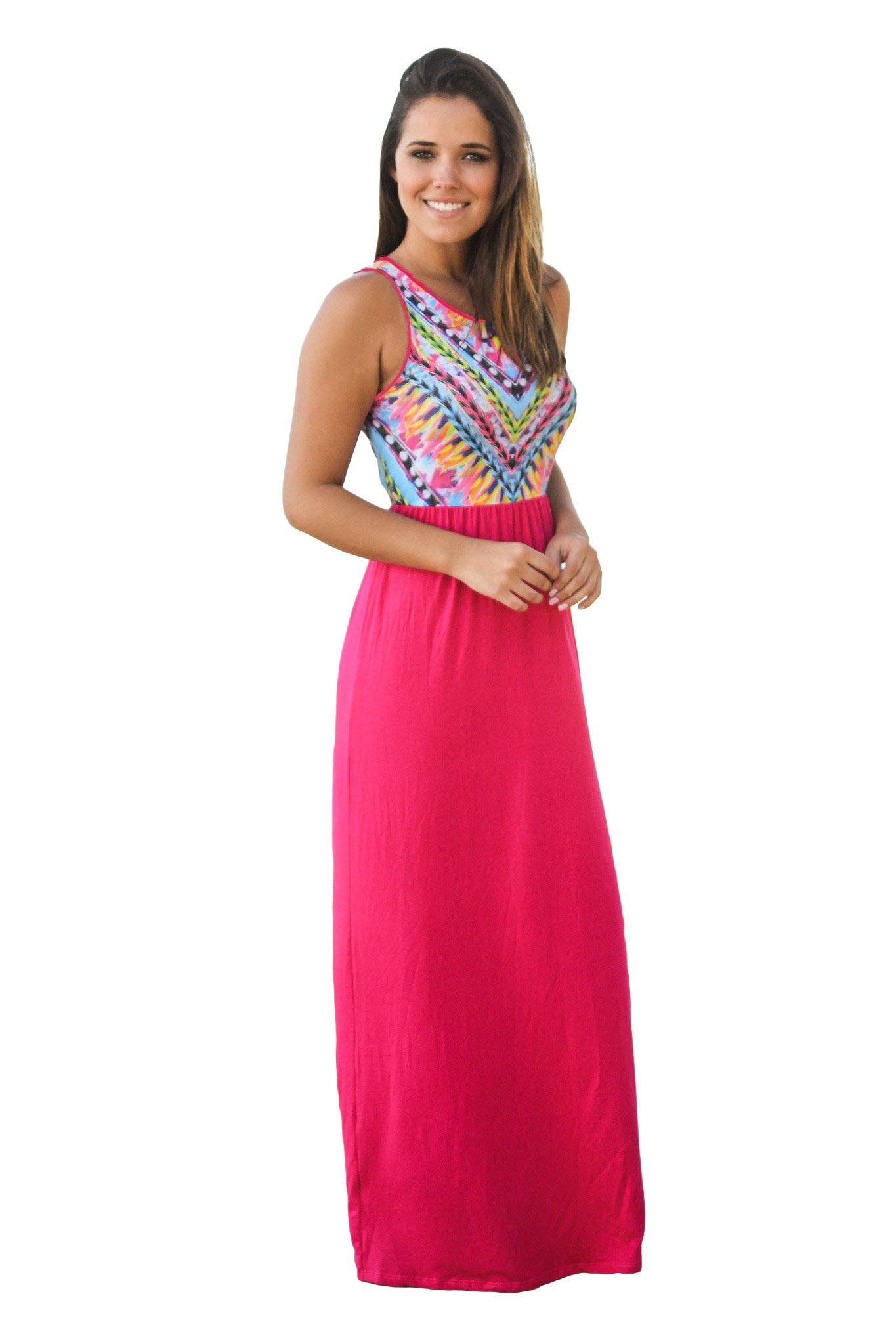 Stylish Tribal Print Sleeveless Rosy Maxi Dress