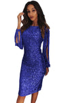 Blue Sequin Tassel Sleeve Bodycon Evening Dress