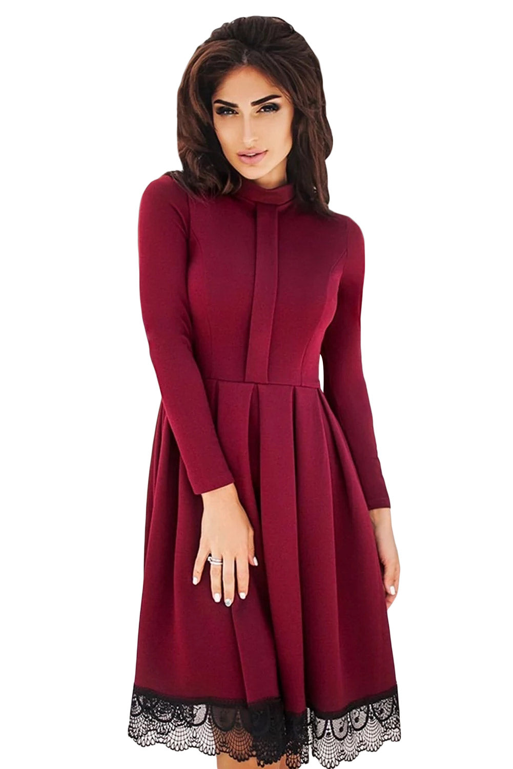 Lace Hemline Detail Burgundy Long Sleeve Skater Dress