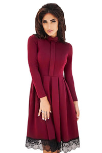 Lace Hemline Detail Burgundy Long Sleeve Skater Dress