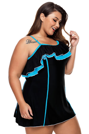 Black Blue Ruffle 1pc Swim Dress with Shorts