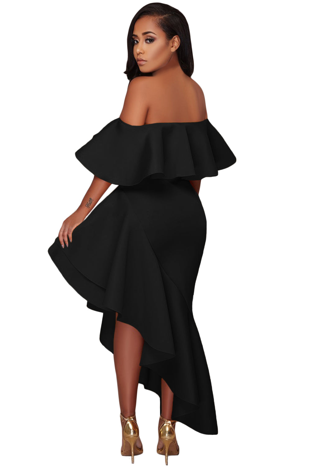 Black Asymmetric Ruffle Off Shoulder Party Dress