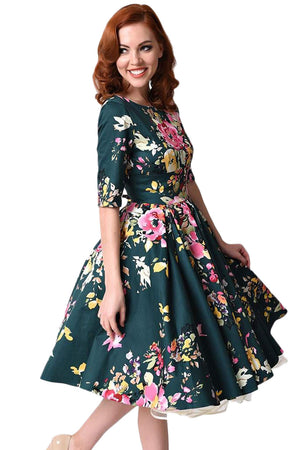 Jasper Vintage Style Floral Half Sleeve Swing Dress