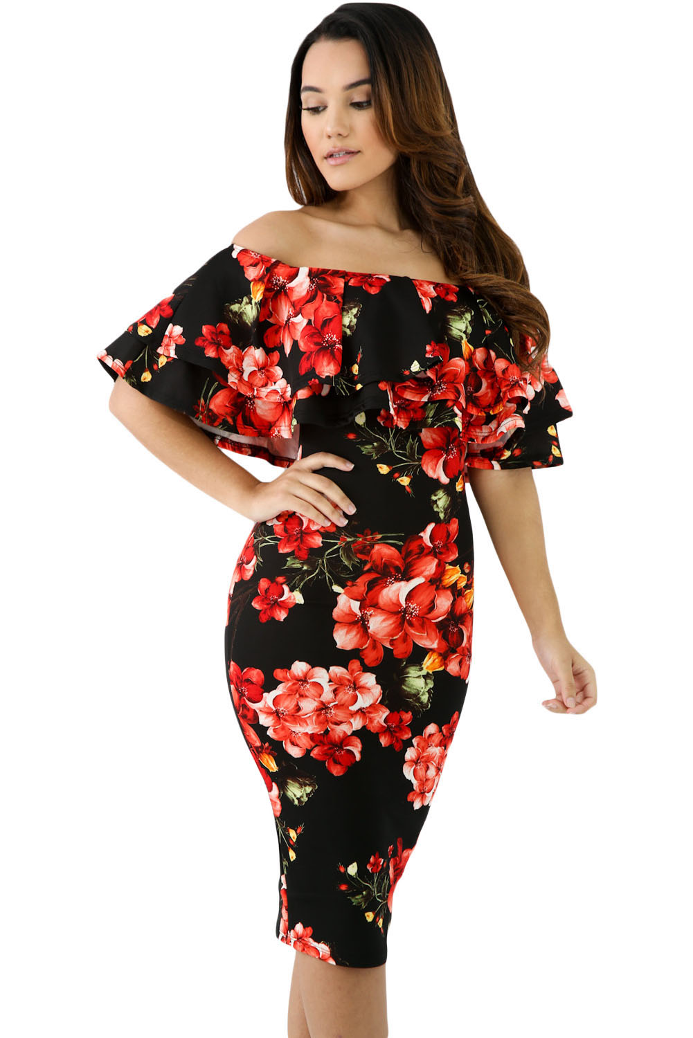 Black Red Floral Layered Ruffle Off Shoulder Midi Dress