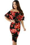 Black Red Floral Layered Ruffle Off Shoulder Midi Dress