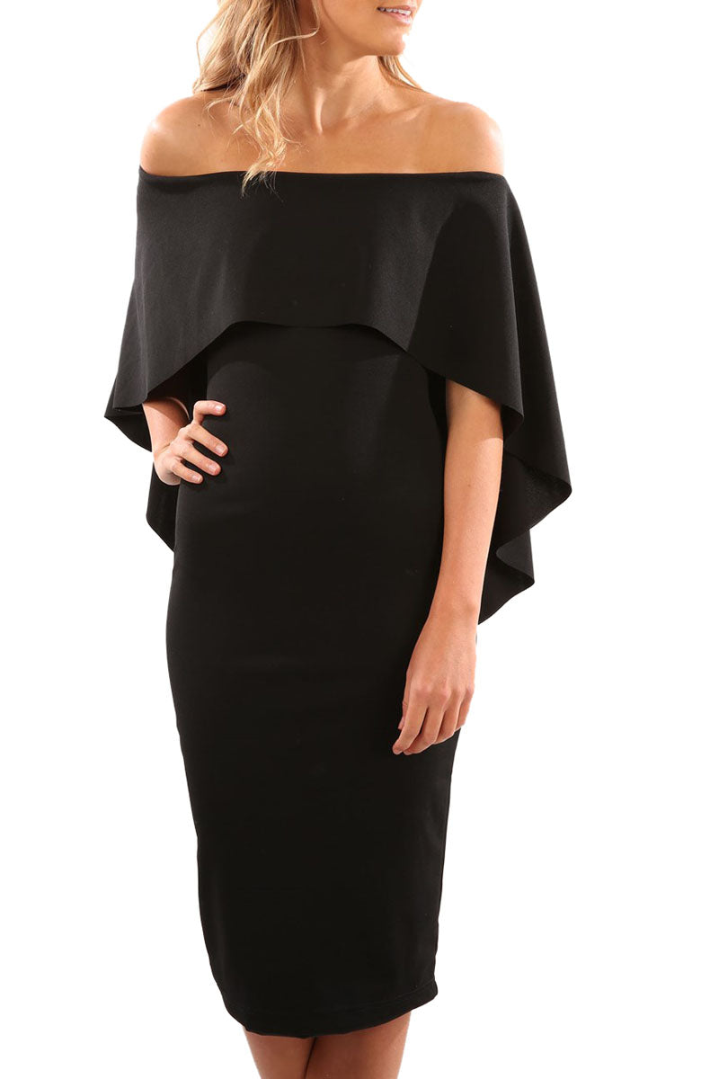 Black Luxurious Off Shoulder Batwing Cape Midi Poncho Dress
