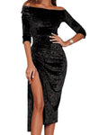 Black Velvet Off Shoulder Ruched High Slit Dress