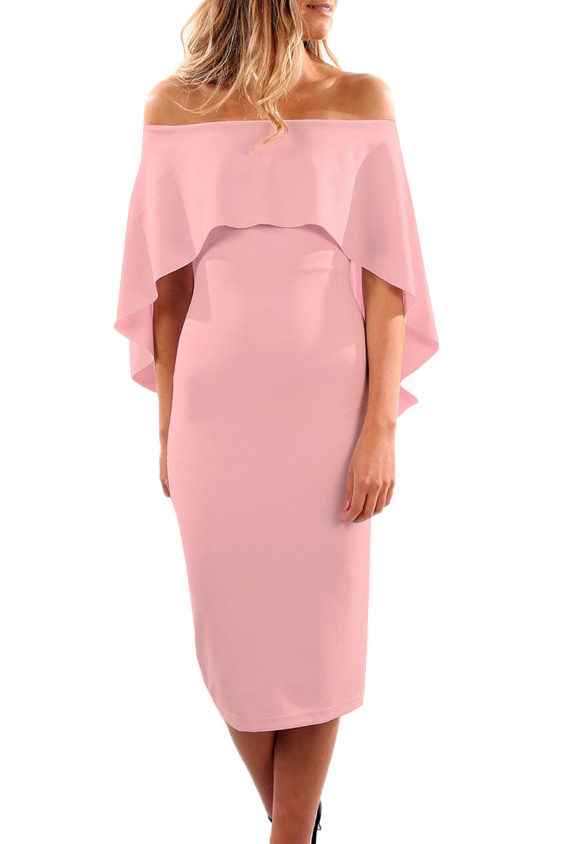Pink Luxurious Off Shoulder Batwing Cape Midi Poncho Dress