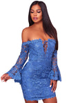 Blue Crochet Overlay Off The Shoulder Fitted Mini Dress