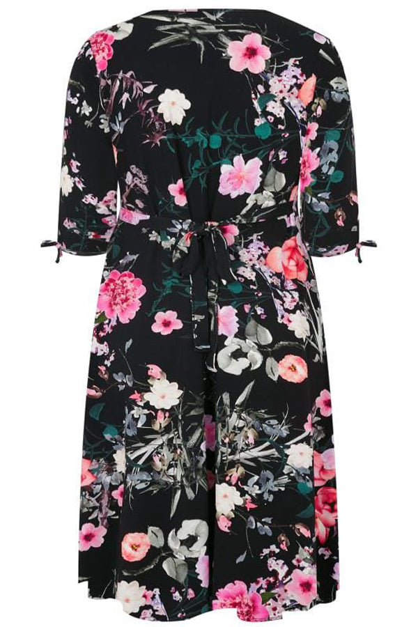 Black 3/4 Length Tie Sleeves Floral Jersey Wrap Dress