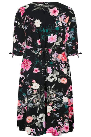 Black 3/4 Length Tie Sleeves Floral Jersey Wrap Dress
