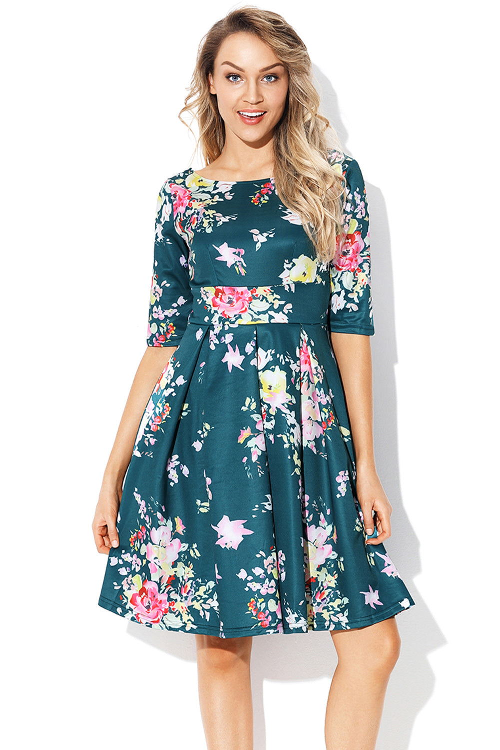 Jasper Vintage Style Floral Half Sleeve Swing Dress