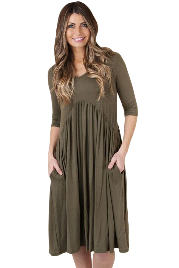 Army Green 3/4 Sleeve Draped Swing Dress