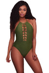 Army Green Caged Front Halter One Piece Swimsuit