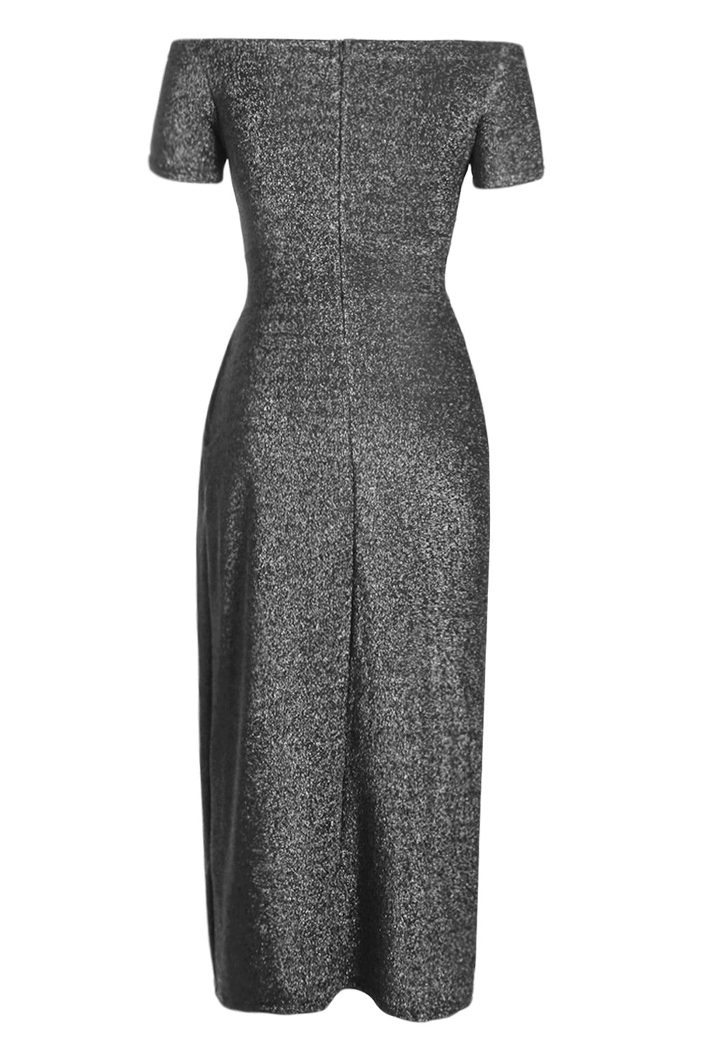 Black Off Shoulder Short Sleeve Metallic Slit Party Dress