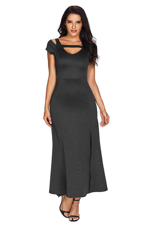 Grey Cold Shoulder Front Slit Flare Maxi Dress