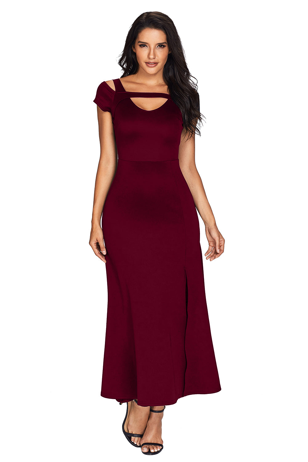 Burgundy Cold Shoulder Front Slit Flare Maxi Dress