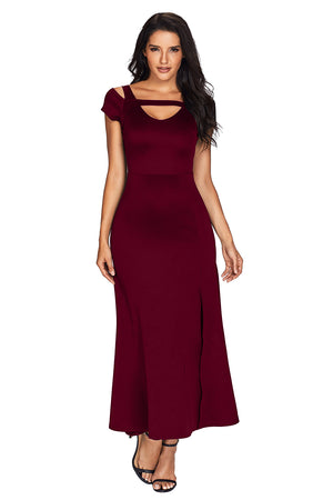 Burgundy Cold Shoulder Front Slit Flare Maxi Dress