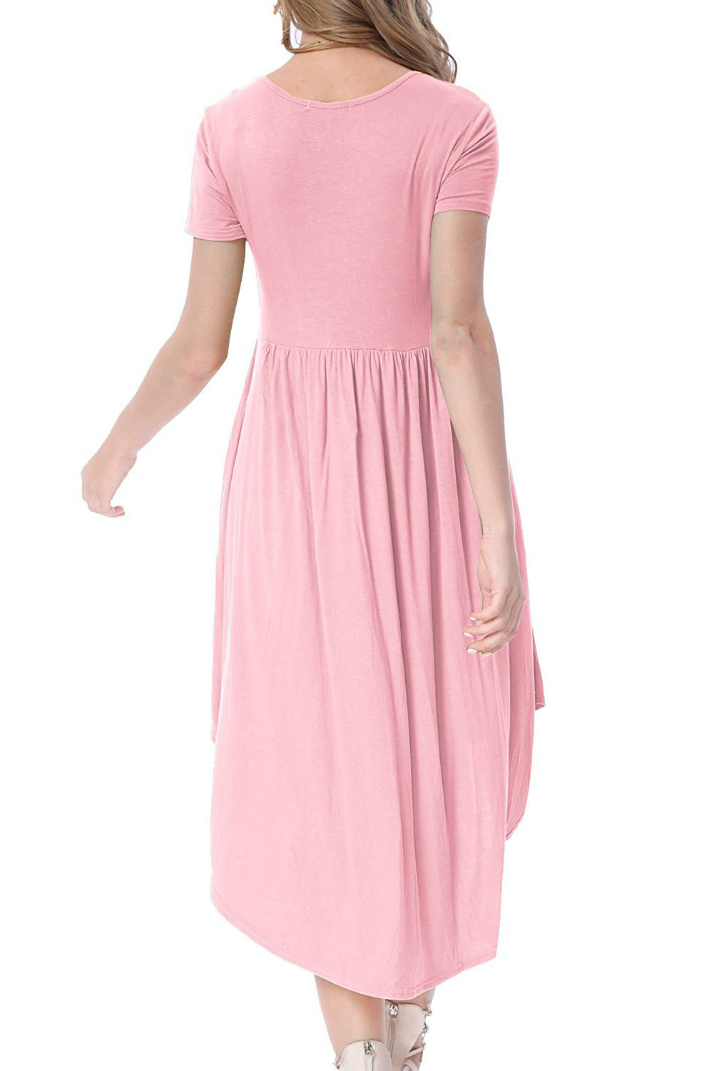 Pink Short Sleeve High Low Pleated Casual Swing Dress