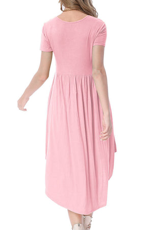 Pink Short Sleeve High Low Pleated Casual Swing Dress