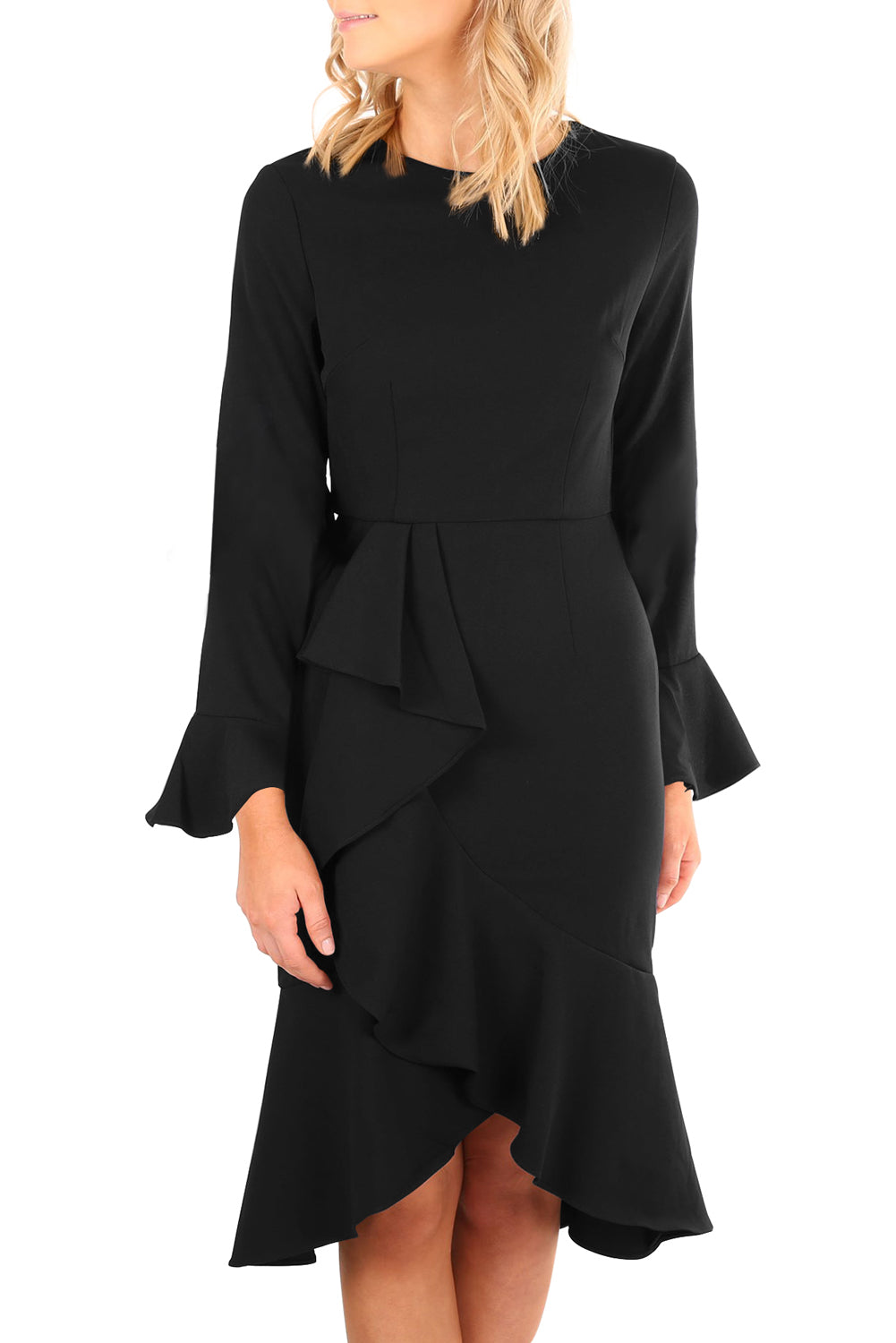 Black Delicate Ruffle Accent Bell Sleeve Midi Dress