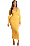 Yellow Long Sleeve Snap Button Ribbed Dress