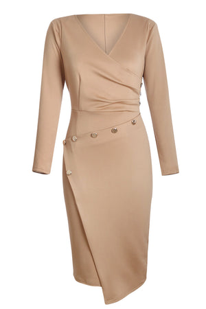 Asymmetric Button Detail Khaki Ruched Midi Dress