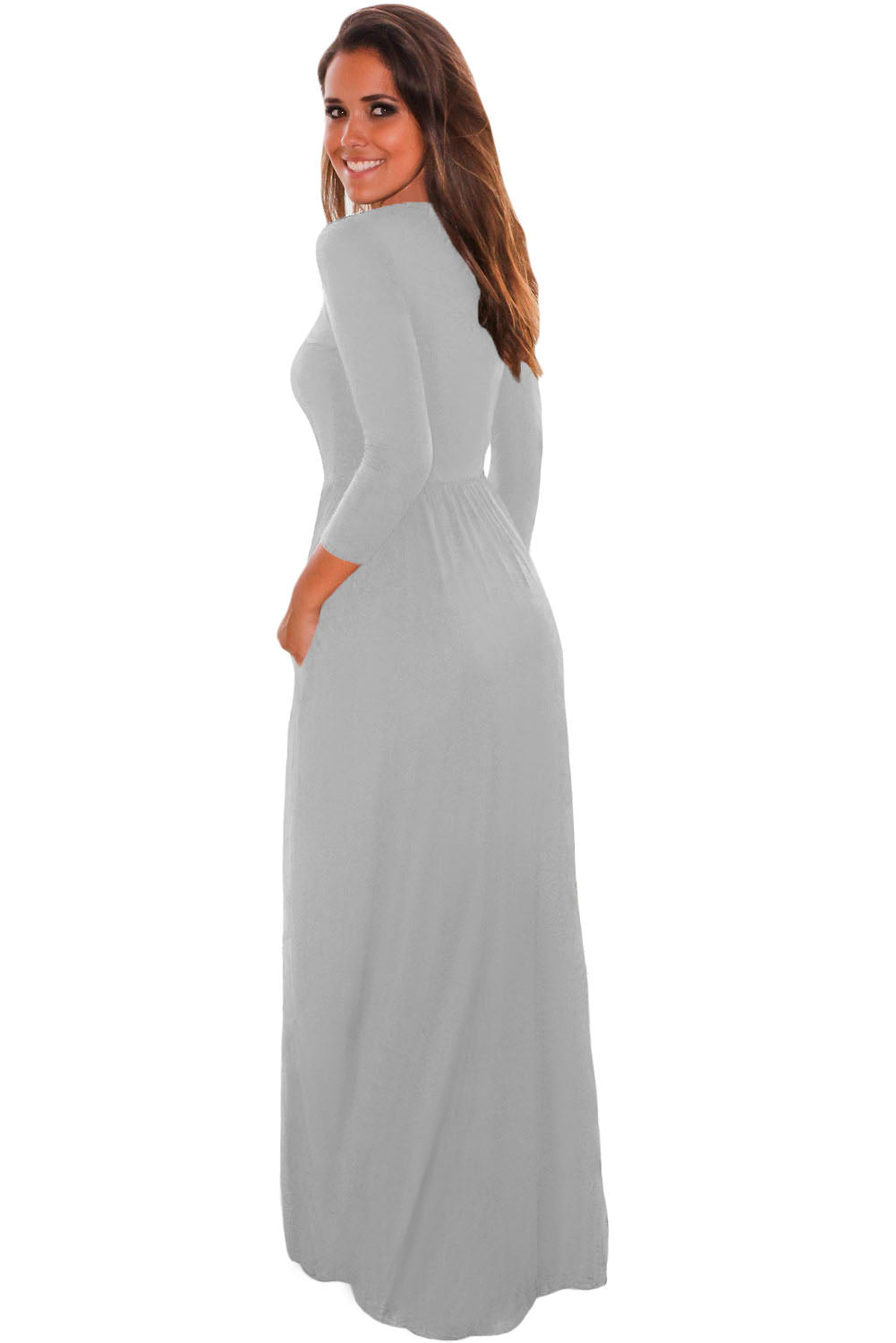 Grey Pocket Design 3/4 Sleeves Maxi Dress
