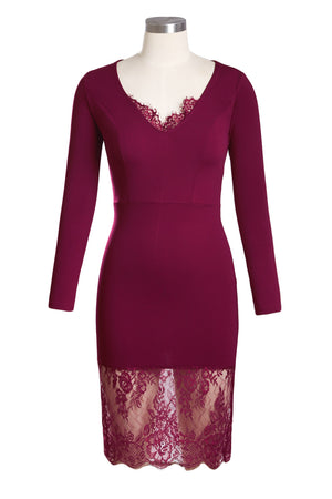 Burgundy Eyelash Lace Overlay Long Sleeve Bodycon Dress