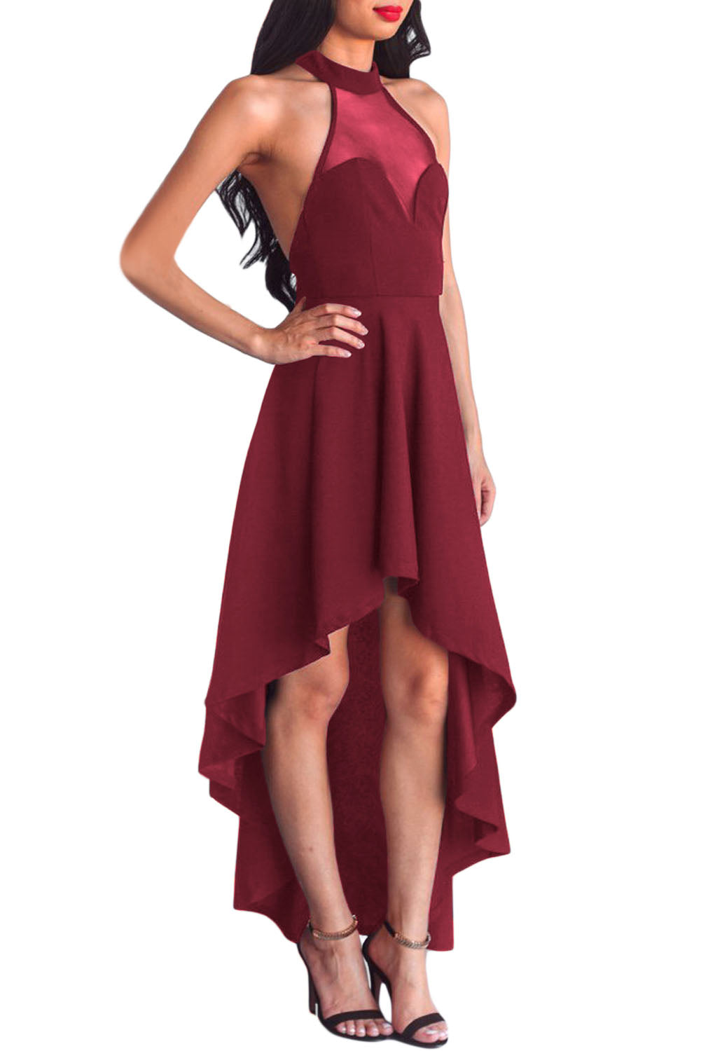 Burgundy Sheer Mesh Decolletage Hi-low Party Dress