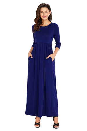 Royal Blue Pocket Design 3/4 Sleeves Maxi Dress