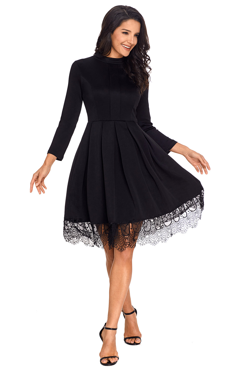 Lace Hemline Detail Black Long Sleeve Skater Dress