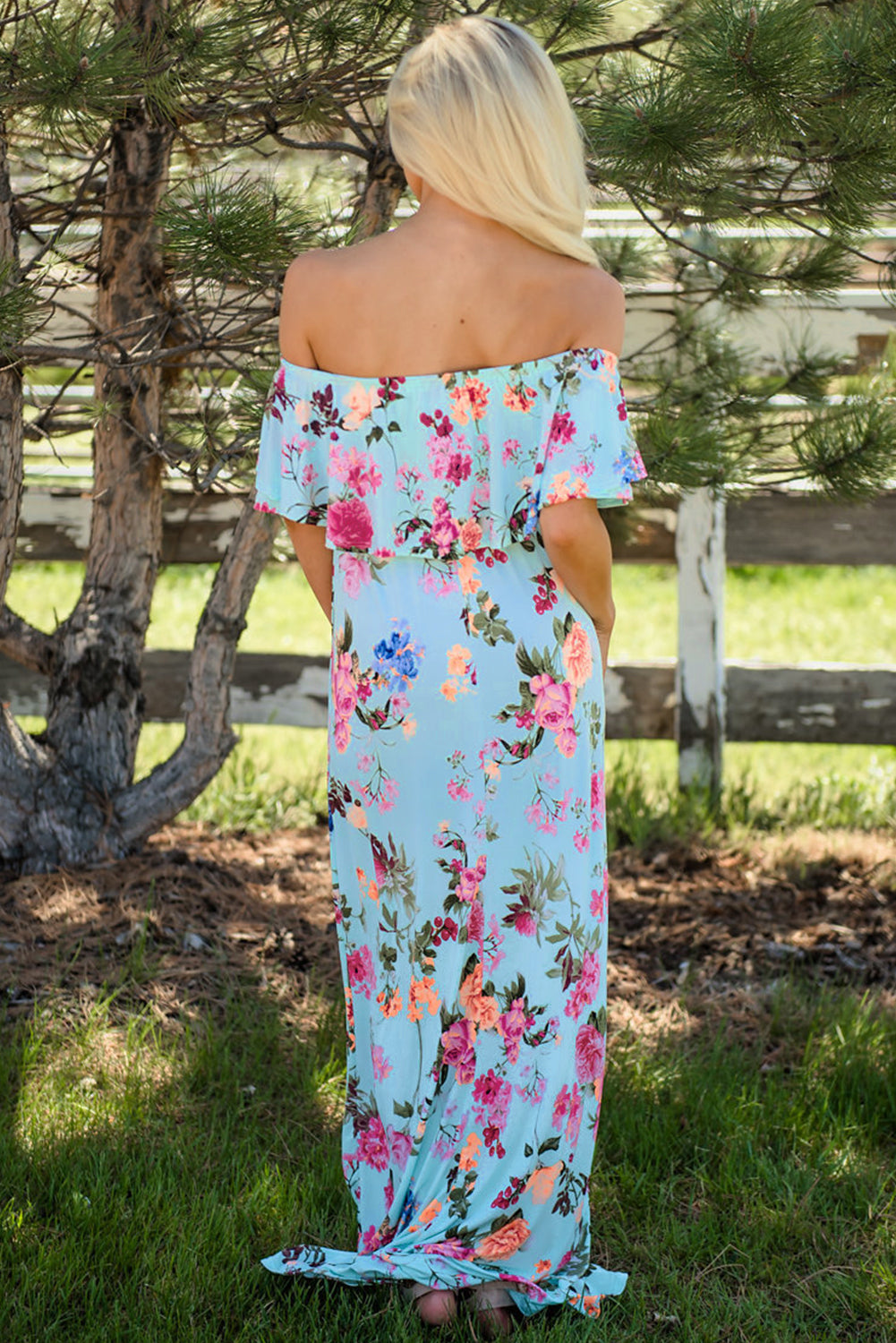 Sky Blue Ruffle Off Shoulder Floral Print Maxi Boho Dress