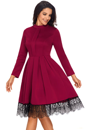Lace Hemline Detail Burgundy Long Sleeve Skater Dress