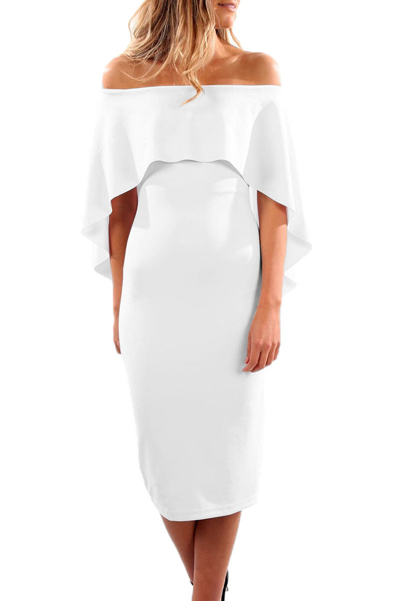 White Luxurious Off Shoulder Batwing Cape Midi Poncho Dress