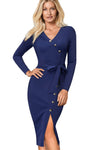 Blue Elegant Vintage Split Belted Bodycon Office Dress