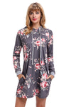 Grey Floral Print Drawstring Hoodie Dress
