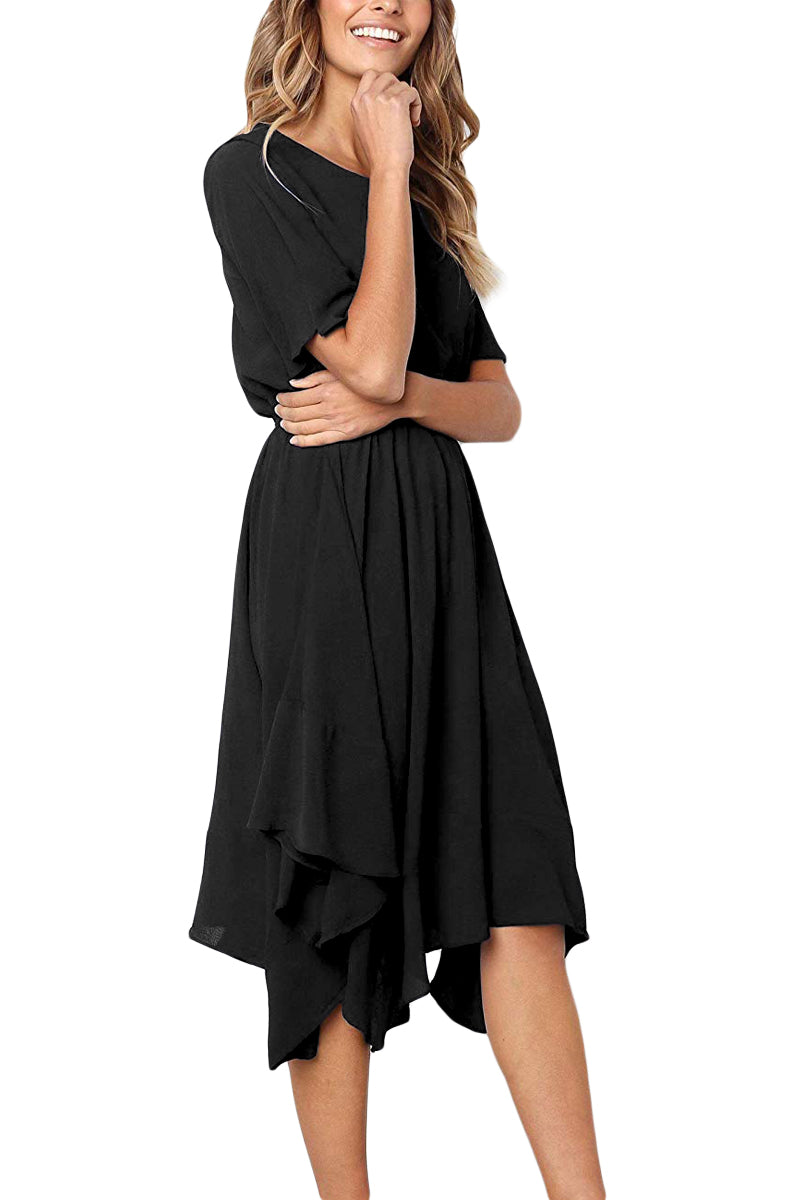 Black Chiffon Irregular Hem Short Sleeve Pleated Dress